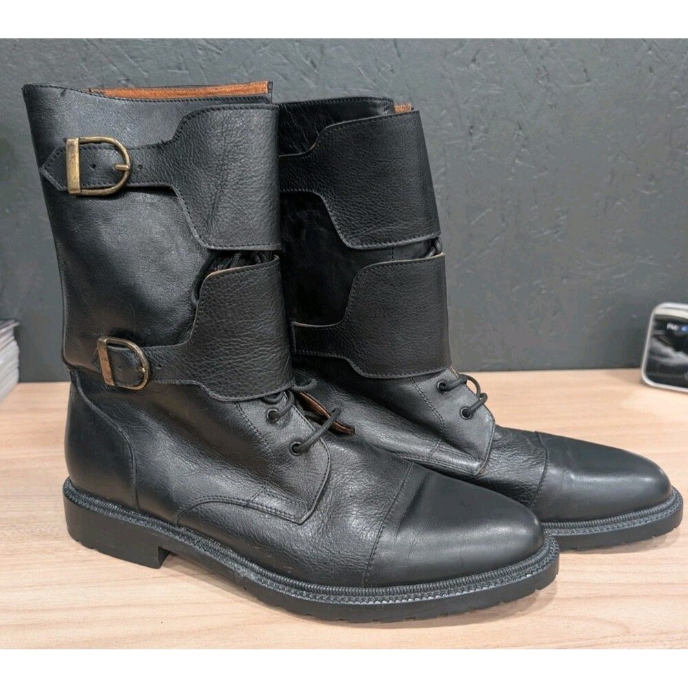 Michele Olivieri Leather Lace up Buckle Boots Men's Size 9 Black Made In Italy